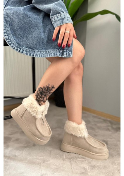 Kadın Impera Bej Süet Kürklü Fermuarlı 4 cm Kalın Tabanlı Kısa Bot fiyatları