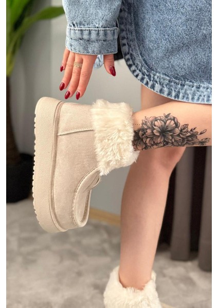 Kadın Impera Bej Süet Kürklü Fermuarlı 4 cm Kalın Tabanlı Kısa Bot modelleri