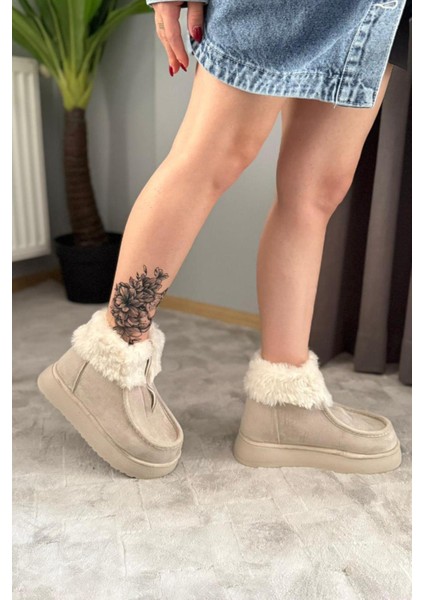 Kadın Impera Bej Süet Kürklü Fermuarlı 4 cm Kalın Tabanlı Kısa Bot fırsatları