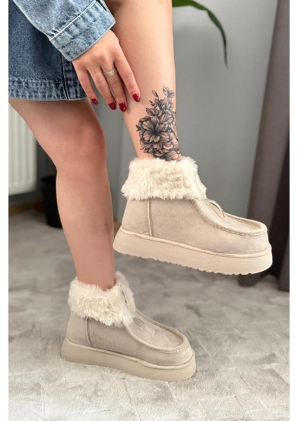 Kadın Impera Bej Süet Kürklü Fermuarlı 4 cm Kalın Tabanlı Kısa Bot indirimleri