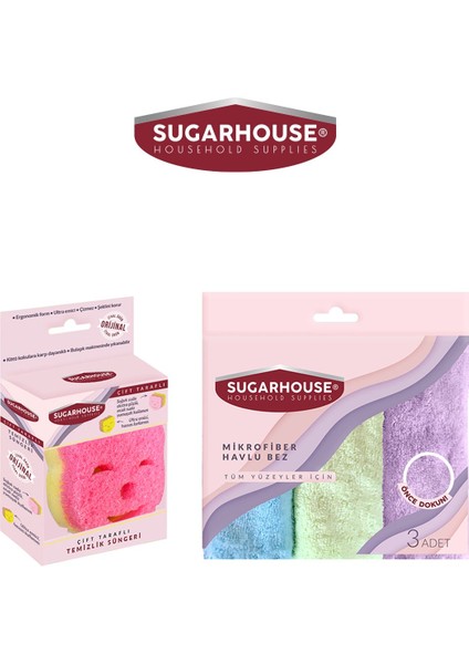 Avantajlı Paket Sugarhouse Çift Taraflı Temizlik Süngeri+Mikrofiber Havlu Bez 3'lü