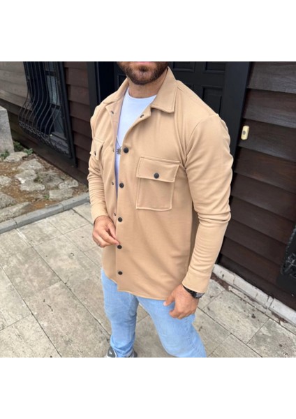 Erkek Diagonal Kumaş Cepli Çıtçıtlı Uzun Kollu, Gömlek Oversize Rahat Kalıp Günlük Şık Stil - Bej modelleri