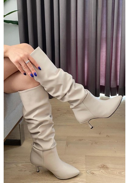 Kadın Tamara Krem Cilt Buzgülü Sivri Burun Çivi Topuk Çizme indirimleri