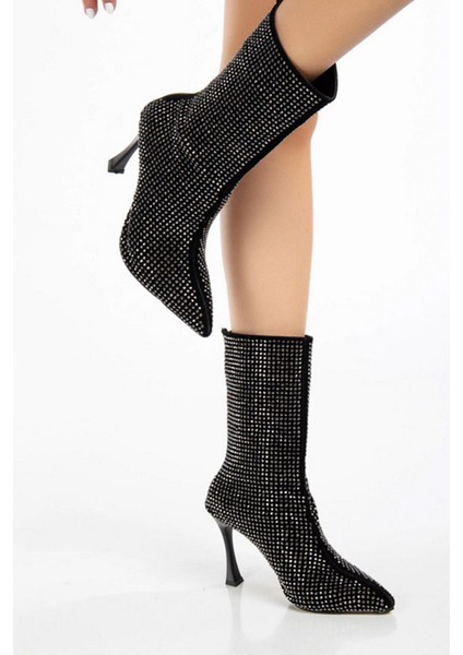 Kadın Londen Siyah Süet Gümüş Taş Işlemeli 9 cm Ince Topuklu Arkadan Fermuarlı Kısa Çizme-Bot fiyatları
