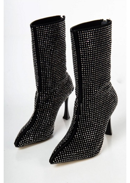 Kadın Londen Siyah Süet Gümüş Taş Işlemeli 9 cm Ince Topuklu Arkadan Fermuarlı Kısa Çizme-Bot modelleri