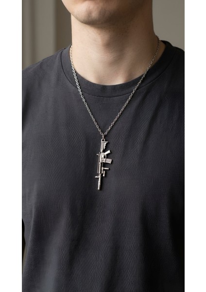 Pubg - M4 Silah Gümüş Kaplama Düz Zincir Kolye