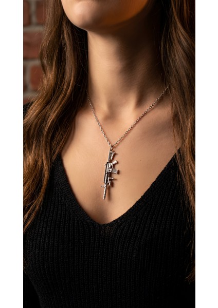 Pubg - M4 Silah Gümüş Kaplama Düz Zincir Kolye