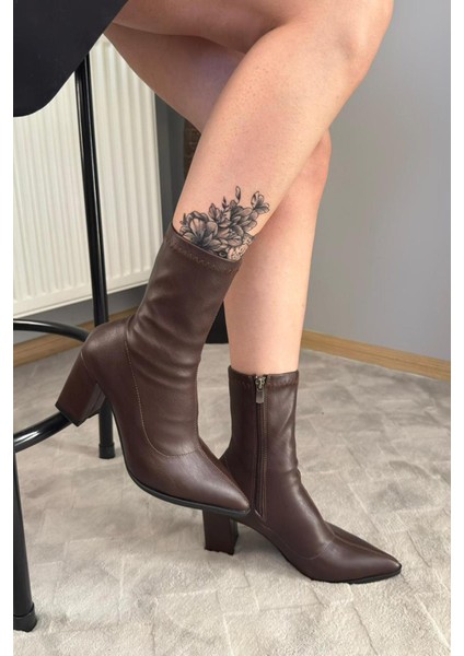 Kadın Volga Kahverengi Fermuarlı 8 cm Kalın Topuklu Strec Bot modelleri