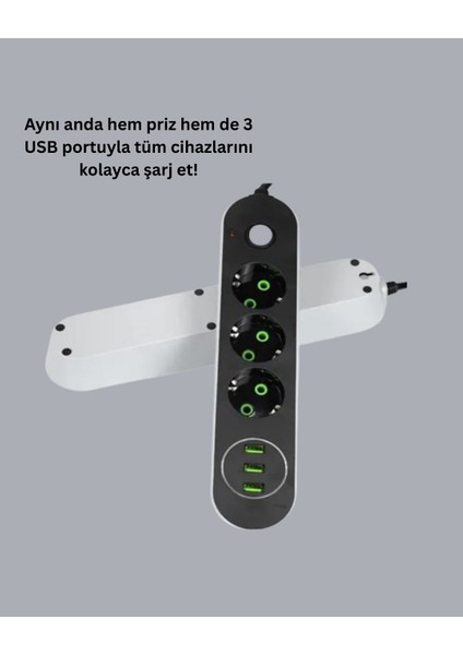 USB Yuvalı Anahtarlı Üçlü Priz 2 Metre Kablolu - SB001M-47V9Q9 fiyatları