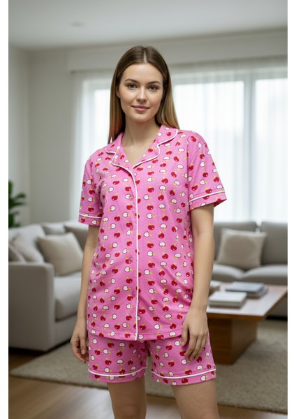 Pamuklu Baskılı Düğmeli Pijama Takımı