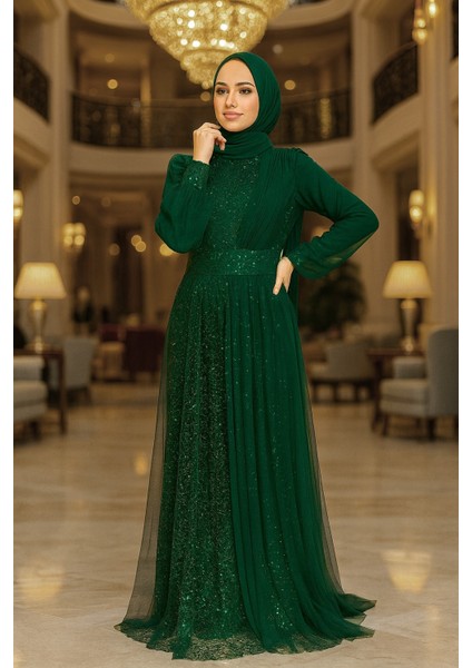Pul Payet İşlemeli Yeşil Tesettür Abiye Elbise 5696Y fırsatları