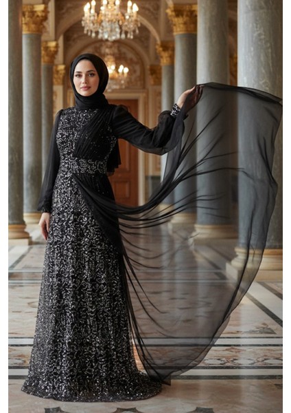 Pul Payet İşlemeli Gümüş Tesettür Abiye Elbise 5696GMS