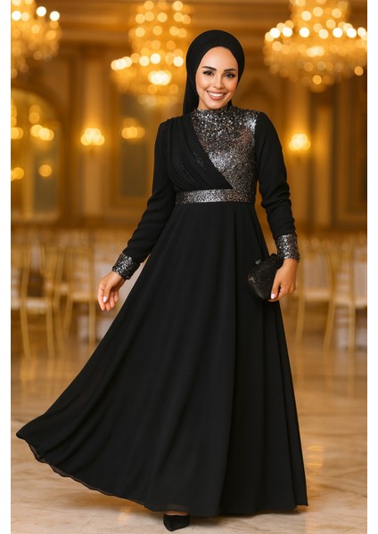 Pul Payet İşlemeli Gümüş Tesettür Abiye Elbise 5793GMS