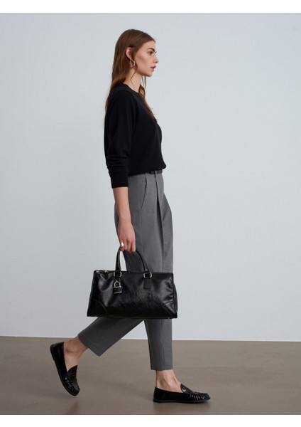 72216 Kemerli Pileli Kumaş Pantolon-Gri