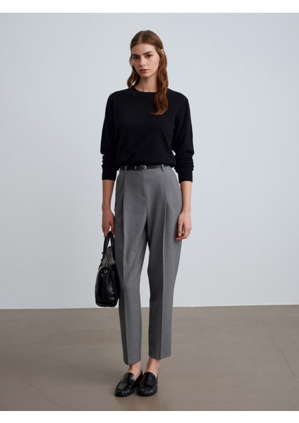 72216 Kemerli Pileli Kumaş Pantolon-Gri indirimleri
