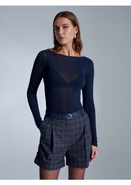 32122 Kayık Yaka Modal Kaşmir Ultra Hafif Bluz-Lacivert