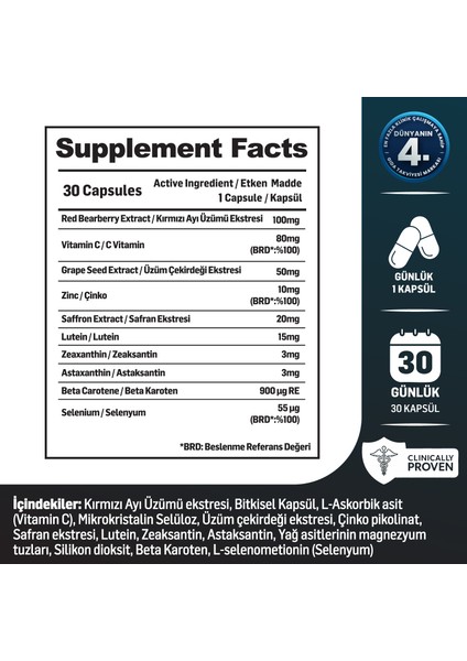 Vision | Göz & Net Görüş | Çinko, Selenyum, Astaksantin, Lutein, Safran.. | 30 Günlük modelleri