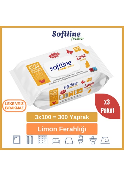 Softline Easy Clean Limonlu Islak Mendil Yüzey Temizlik Havlusu & Mendili 3'lü Paket (3X100 Yaprak)
