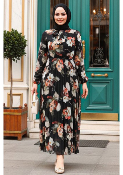 Çiçek Desenli Siyah Tesettür Elbise 50191S modelleri