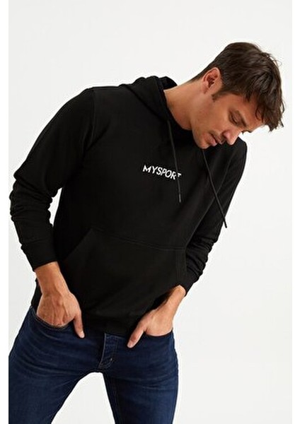 Kapüşonlu Sweatshirt Uzun Kol Erkek Düz Siyah Renk Rahat Kalıp