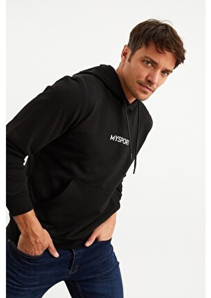 Kapüşonlu Sweatshirt Uzun Kol Erkek Düz Siyah Renk Rahat Kalıp
