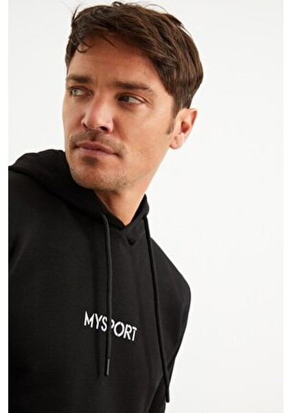 Kapüşonlu Sweatshirt Uzun Kol Erkek Düz Siyah Renk Rahat Kalıp