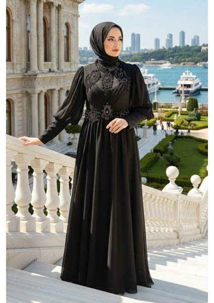 Boncuk İşlemeli Siyah Saten Tesettür Abiye 25822S fırsatları