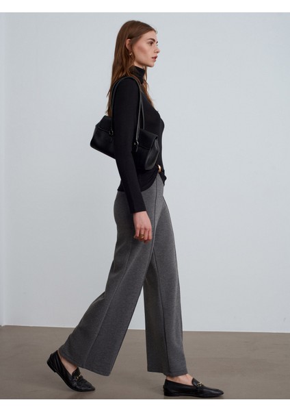 71934 Dikiş Detaylı Geniş Paça Pantolon-Füme M.