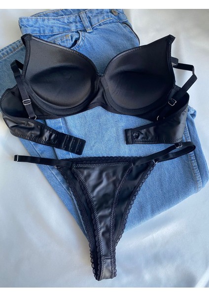 Kadın Siyah Deri Taşlı Fiyonklu Balenli Destekli Dolgulu Push Up Sütyen Takımı Iç Çamaşırı Takımı modelleri