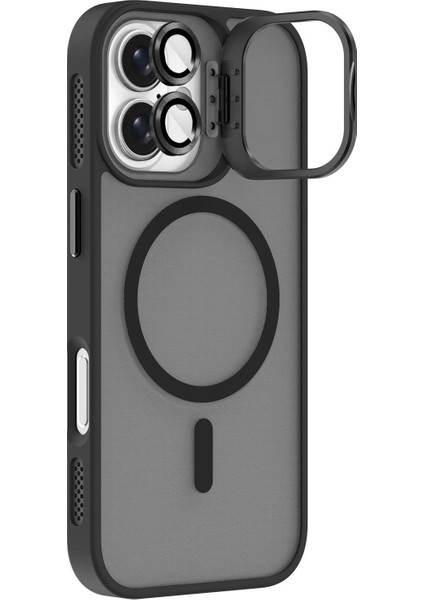 Apple iPhone 17 Lens Hediyeli Kapak Kamera Korumalı Wireless Şarj Özellikli Standlı Premium Kılıf - Siyah