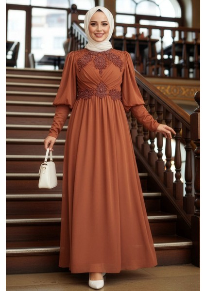 Boncuk İşlemeli Taba Saten Tesettür Abiye 25822TB indirimleri