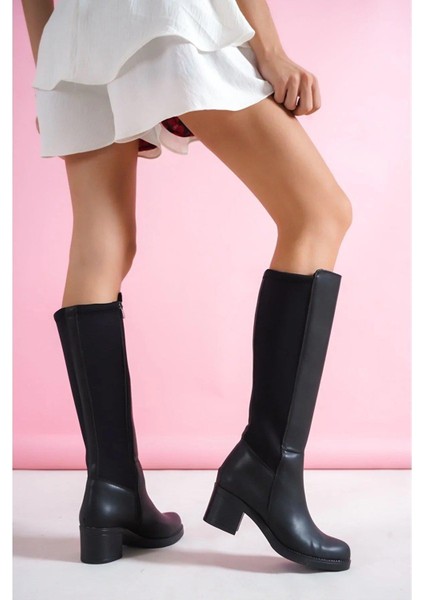 Kadın Sabina Siyah Cilt Topuklu Arka Dalgıç Kumaş Çizme modelleri