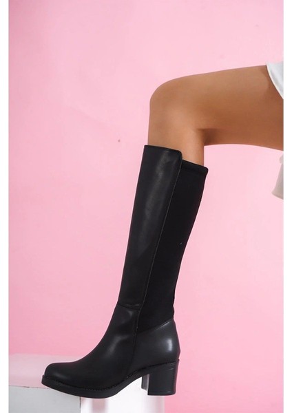 Kadın Sabina Siyah Cilt Topuklu Arka Dalgıç Kumaş Çizme fırsatları