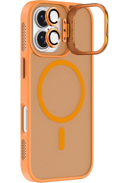 Apple iPhone 17 Lens Hediyeli Kapak Kamera Korumalı Wireless Şarj Özellikli Standlı Premium Kılıf - Turuncu