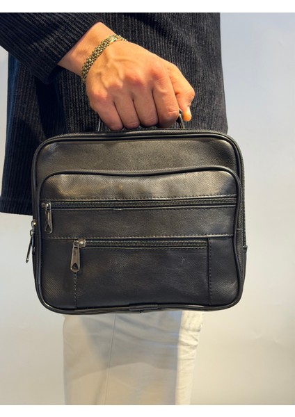 Erkek Hakiki Deri Yatay Siyah Büyük Boy El Çantası