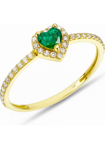 14 Ayar Altın Kalp Kesim Yeşil Zümrüt Yüzük modelleri