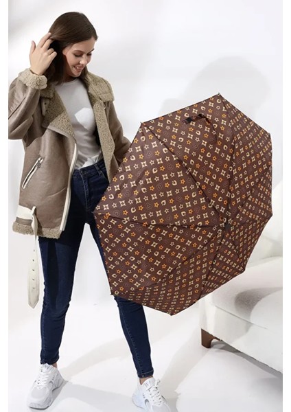 Kahverengi Fiber Tel Kılıflı Otomatik Şemsiye, Unisex, Kaliteli ve Şık Tasarım