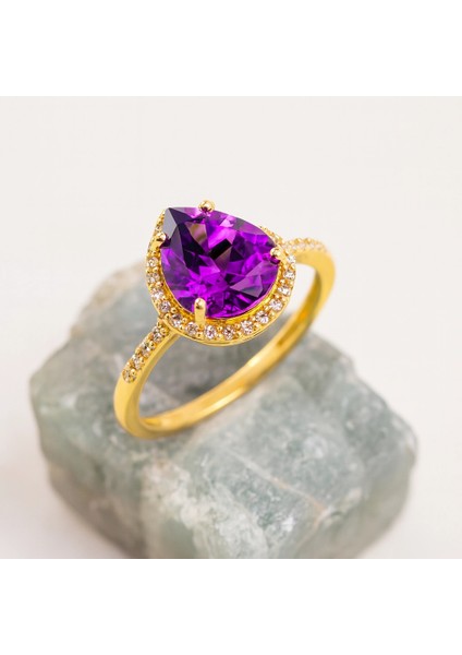 14 Ayar Altın Armut Kesim Ametist Yüzük, Mor Kristal Kuvars Yüzük fiyatları