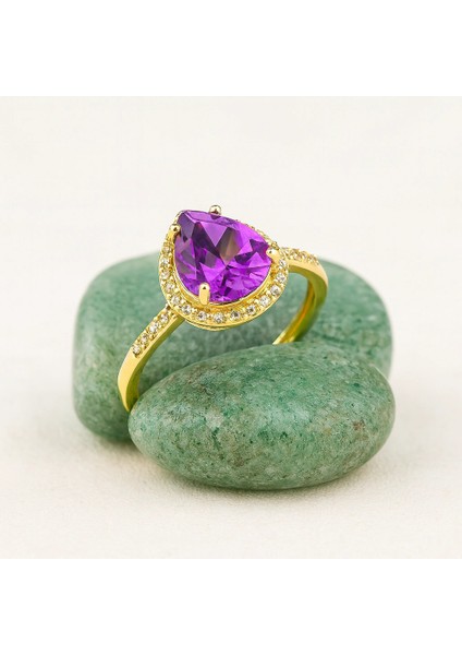 14 Ayar Altın Armut Kesim Ametist Yüzük, Mor Kristal Kuvars Yüzük modelleri