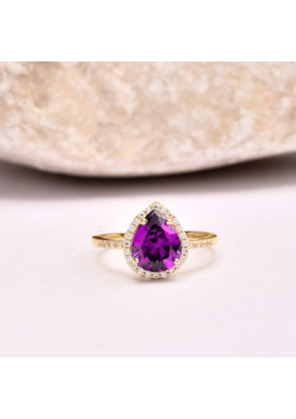 14 Ayar Altın Armut Kesim Ametist Yüzük, Mor Kristal Kuvars Yüzük fırsatları
