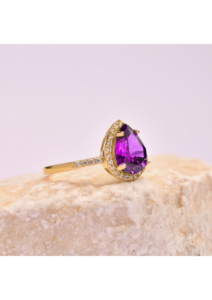 14 Ayar Altın Armut Kesim Ametist Yüzük, Mor Kristal Kuvars Yüzük indirimleri