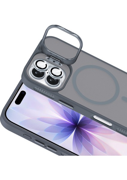 Apple iPhone 17 Lens Hediyeli Kapak Kamera Korumalı Wireless Şarj Özellikli Standlı Premium Kılıf - Titanyum Gri modelleri