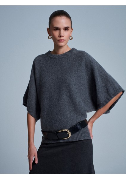 10843 Yün Karışımlı Yarasa Kollu Triko Kazak-Füme