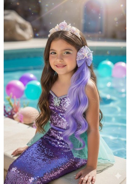 Peruk Saç Tokalı Uzun Deniz Kızı Modeli Pullu Mor-Lila Çıtçıtlı Toka 38CM fiyatları