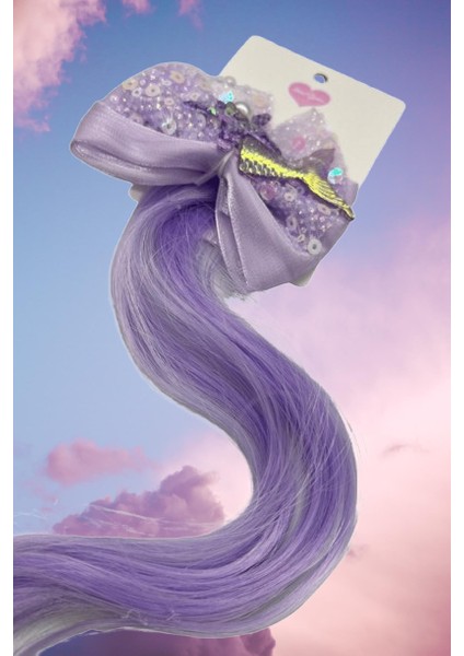 Peruk Saç Tokalı Uzun Deniz Kızı Modeli Pullu Mor-Lila Çıtçıtlı Toka 38CM