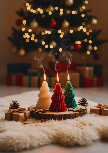 Özel Seri – 3’lü Yılbaşı Çam Mum Seti (Kırmızı – Yeşil – Beyaz) | Okyanus Kokulu | 11.5 x 7.5cm fiyatları