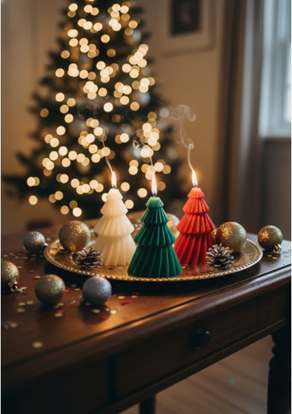 Özel Seri – 3’lü Yılbaşı Çam Mum Seti (Kırmızı – Yeşil – Beyaz) | Okyanus Kokulu | 11.5 x 7.5cm fırsatları