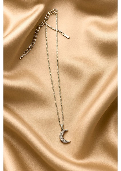 Taşlı Hilal Model Kadın Çelik Kolye – Paslanmaz Çelik, Işıltılı Ay Figürlü Kolye