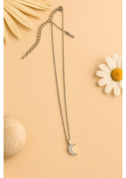 Taşlı Hilal Model Kadın Çelik Kolye – Paslanmaz Çelik, Işıltılı Ay Figürlü Kolye fiyatları