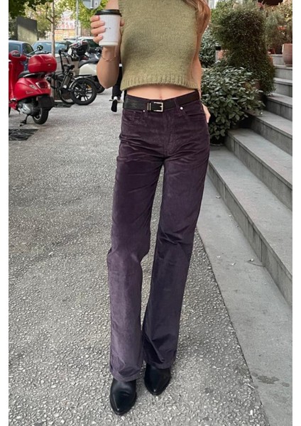 Bootcut Fit Yüksek Bel Mürdüm Mor Kadın Kadife Pantolon